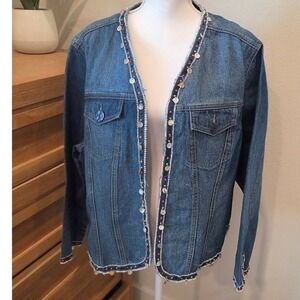 Brandon Thomas Women's Denim Jacket Blue Beaded Trim V-Neck Button Front Size 2X